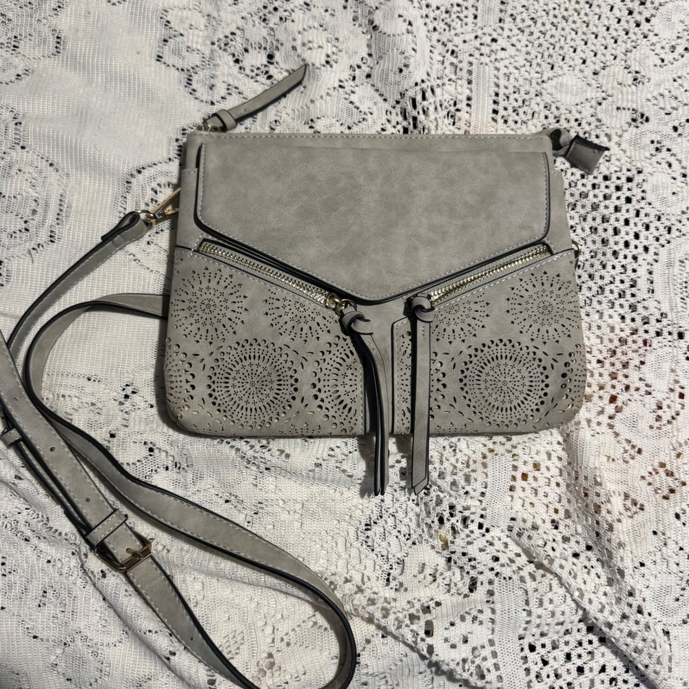 Gray Laser Cut Crossbody Bag Purse Adjustable Strap Gold Tone Zipper Accent